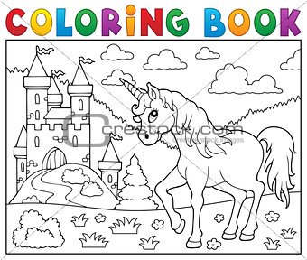 Coloring book unicorn near castle