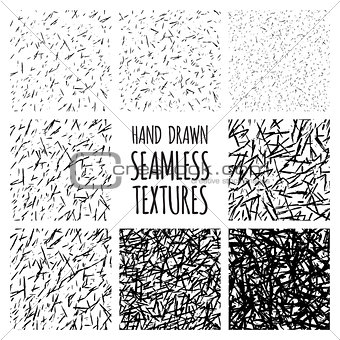 Set of eight black and white seamless hand drawn textures