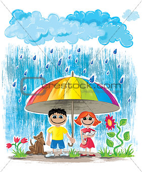 rainy weather children with umbrella wallpaper