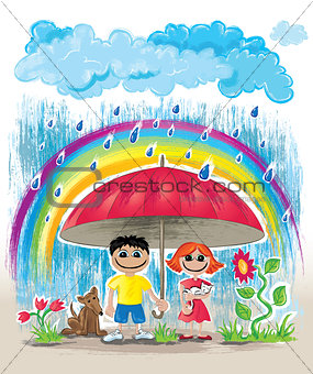 rainy day children with dog and cat hiding under umbrella wallpaper