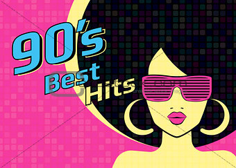 Best hits of 90s illistration with disco woman wearing glasses and on pink background