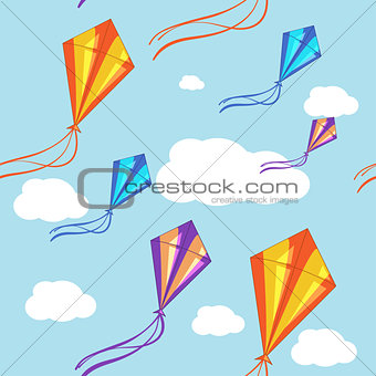 Seamless vector background with colorful kites in the blue sky. Seamless pattern, background, vector seamless texture