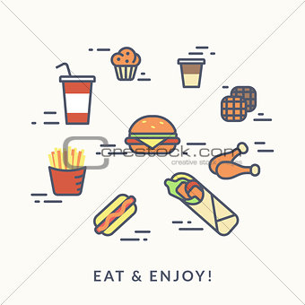 Set of junk food contour icons burger with hotdog