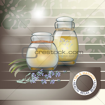 Spa accessories  bottles with oil and  lavender.