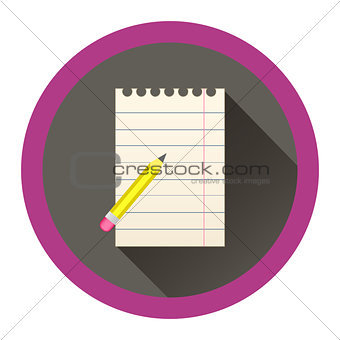 modern flat icon with sheet of paper and pensil wiwth eraser and shadow