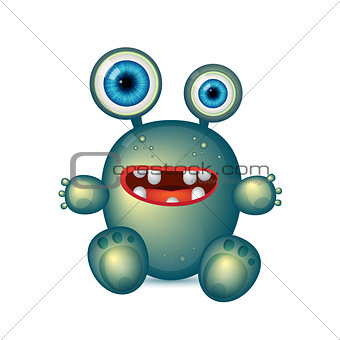 Green Monster with big eyes and red mouth. Vector cartoon funny germ, green bacteria, cute monster