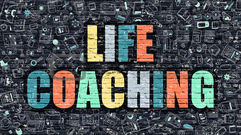 Life Coaching Concept. Multicolor on Dark Brickwall.