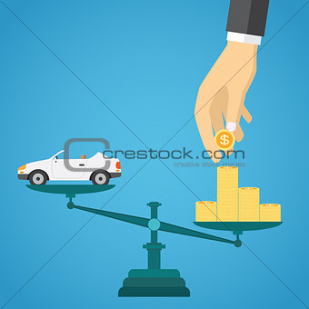 Scales with car and gold coins.
