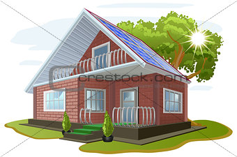 Solar energy. Caring about environment. House with solar panels on roof. Alternative energy sources