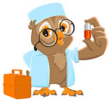 Owl doctor holding pill. Owl Ambulance in white coat