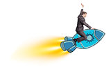 Businessman riding blue rocket