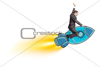 Businessman riding blue rocket
