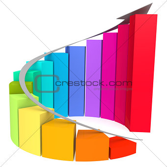 Colorful winding bar chart with white arrow