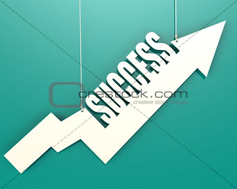 White arrow with success word hang on cyan background