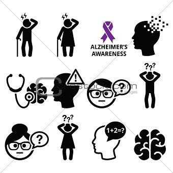 Seniors health - Alzheimer\'s disease and dementia, memory loss icons set