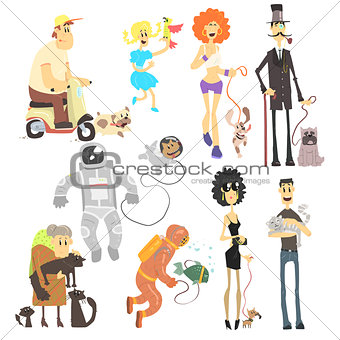 People of Different Professions with Pets. Vector Illustration Set