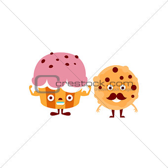 Humanized Cupcake And Cookie Illustration