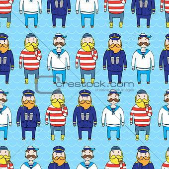 Seamless pattern with a ship crew, captain and sailors