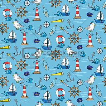 Seamless pattern with different elements for sea travelling
