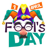 Funny glasses nose. April Fools Day lettering text for greeting card. 1 April Fools Day