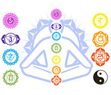 Chakras and spirituality symbols on man in lotus pose