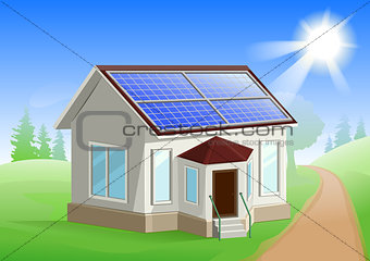 Solar energy. Caring about environment. House with solar panels on roof. Alternative energy sources