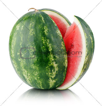 Ripe watermelon with cut slice isolated on white