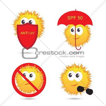Set of UV Sun Protection and anti UV cartoon icons. Vector illustration isolated on white