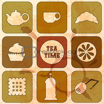 Icons Tea Time. Set of 9 icons. Grunge background