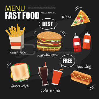 fast food menu on chalkboard background flat design
