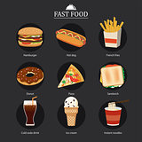 set of fast food with chalkboard background