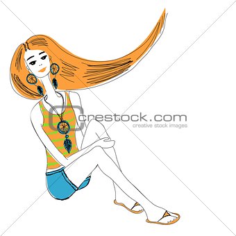 Young red-haired girl in boho style. For t-shirts print, phone case, posters, bag print, cup print or notepad cover
