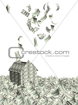 House from dollars banknotes and many flying dollar banknotes