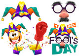 Fools cap smile on spring. Funny glasses nose. April Fools Day lettering text for greeting card. 1 April Fools Day