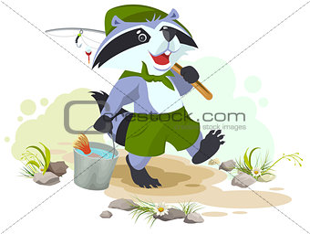Scout goes fishing. Raccoon scout carries bucket of fish. Fisherman with fishing rod