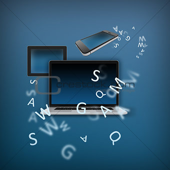 Creative Digital illustration flight with letters of computer equipment