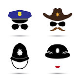 Set of colorful vector icons isolated on white. Policeman icon.  Sheriff icon. Cowboy icon. British police