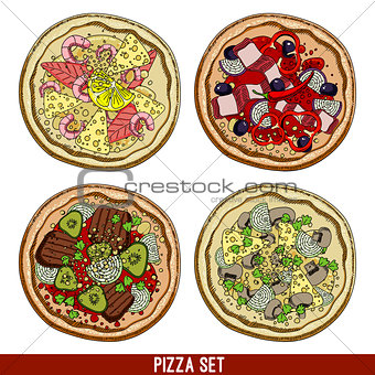 set of four pizzas