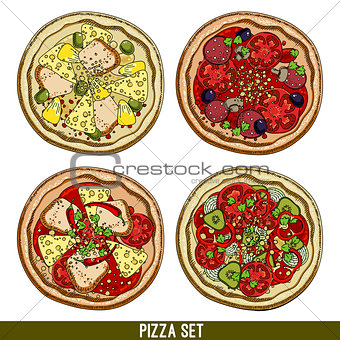 set of four pizzas