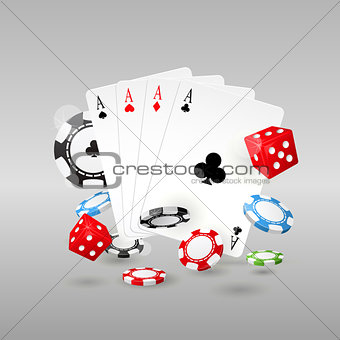 Gambling and casino symbols - poker chips, playing cards and dic