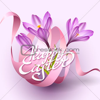 Happy Easter greeting card template with flowers and ribbon