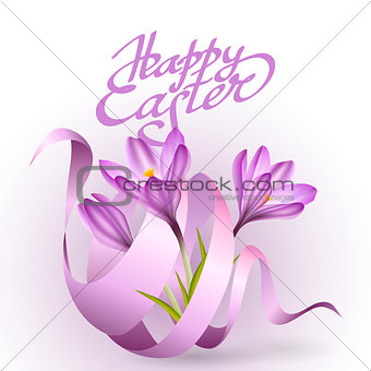 Happy Easter greeting card template with flowers and ribbon