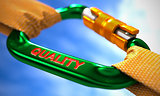 Quality on Green Carabiner between Orange Ropes.
