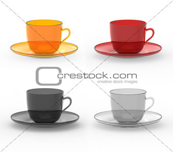 Set of colorful mugs with plates
