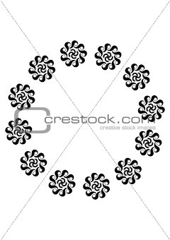 Circular black and white abstract design with curved objects