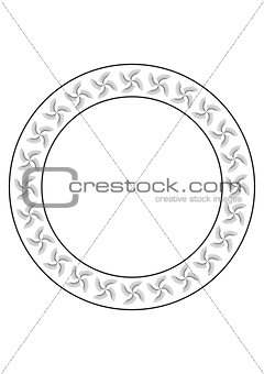 Circular black and white abstract design with curved feather typ