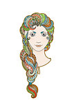Beautiful girl with intricately patterned, zentangle braid and bright eyes. Vector portrait. Rainbow hair.