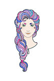 Beautiful girl with intricately patterned, zentangle braid and bright eyes. Vector portrait.