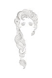 Beautiful girl with intricately patterned, zentangle braid and bright eyes. Vector portrait. Henna.