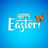 Greeting card for the day of Happy Easter. White Calligraphy letters on a blue background with butterfly